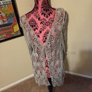 Cecico Light Gray Crocheted Open Front Cardigan Large NWOT